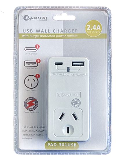 Sansai USB C + A 2xUSB charging Outlets Power Adaptor 240V 10A Power status indicator Wall Charge... - Image 2