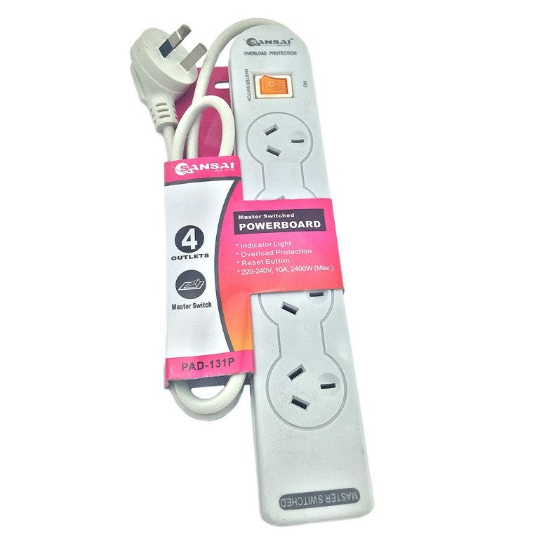 Sansai 4 Way Basic Powerboard (131P) with Master Switch Overload Protecte Reset button Indicator Light 100CM Lead 240VAC 10A