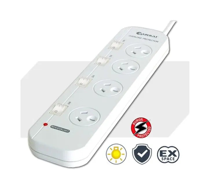 Sansai 4-Way Power Board (421SW) with Individual Switches and Surge Protection 2 Extra Spaced Soc...