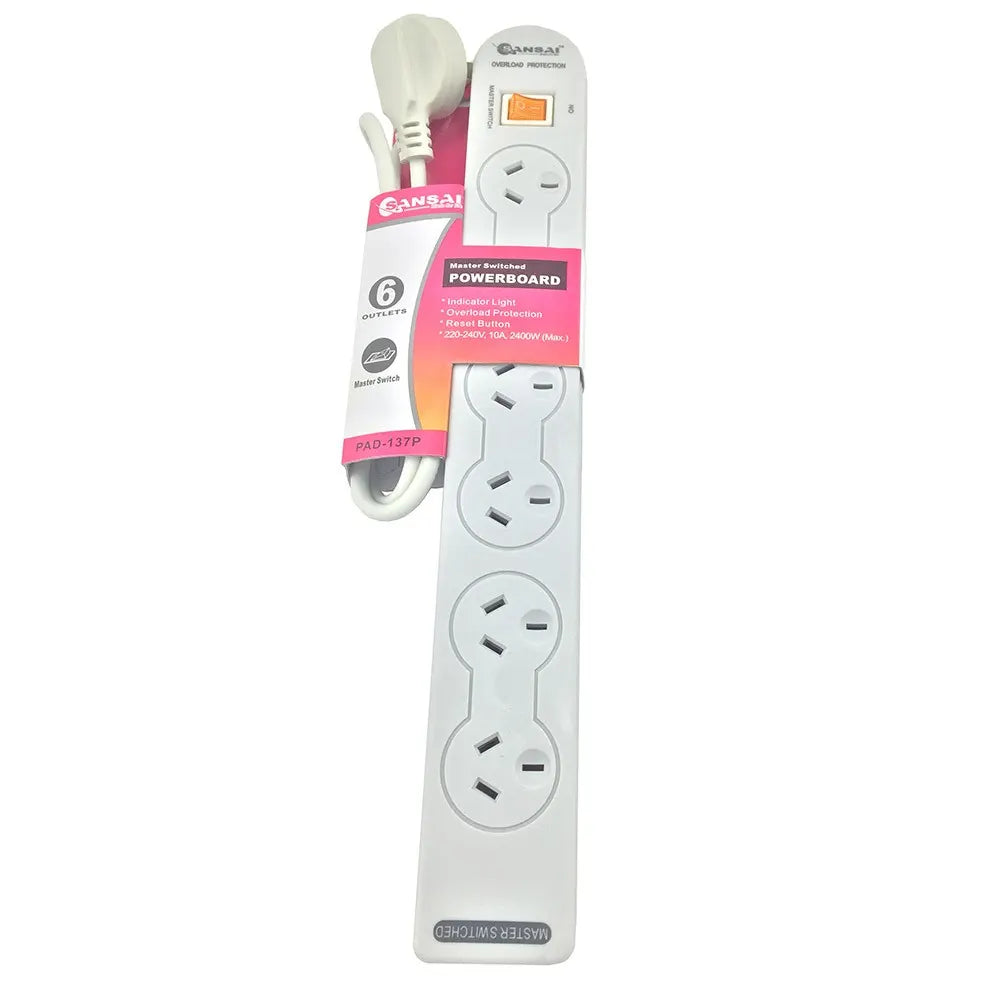 Sansai 6-Way Power Board (137P) with Master Switch Overload Protecte Reset button Indicator Light... - Image 2