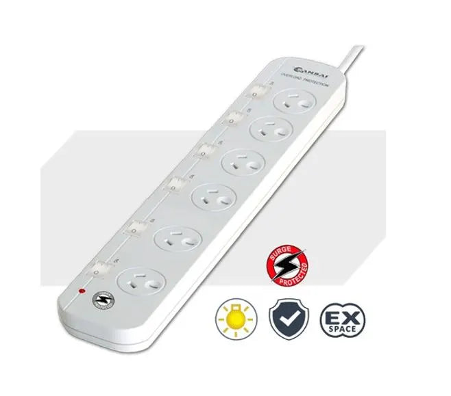 Sansai 6-Way Power Board (661SW) with Individual Switches and Surge Protection Overload Protected...
