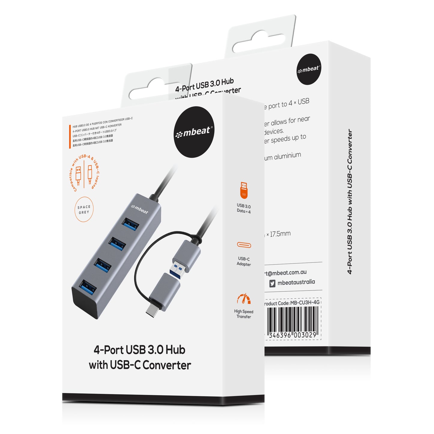 mbeat® 4-Port USB 3.0 Hub with 2-in-1 USB 3.0 USB-C Converter - Space Grey transfer speeds up to... - Image 4