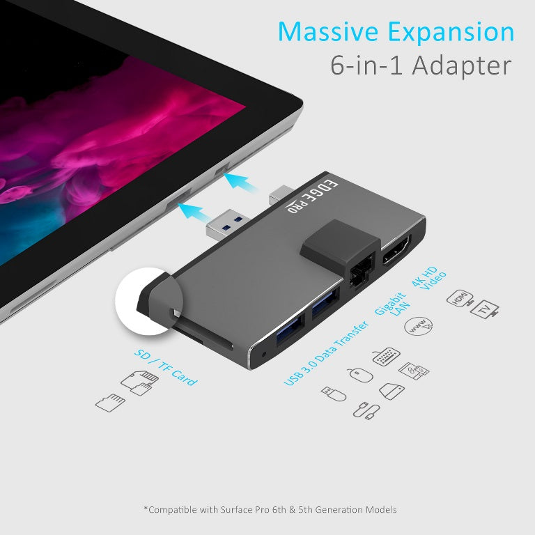 mbeat® Edge Pro Multifunction USB- C Hub for Microsoft Surface Pro 5/6 Metal Grey (HDMI, LAN, USB 3.0 Hub, Card Reader)
