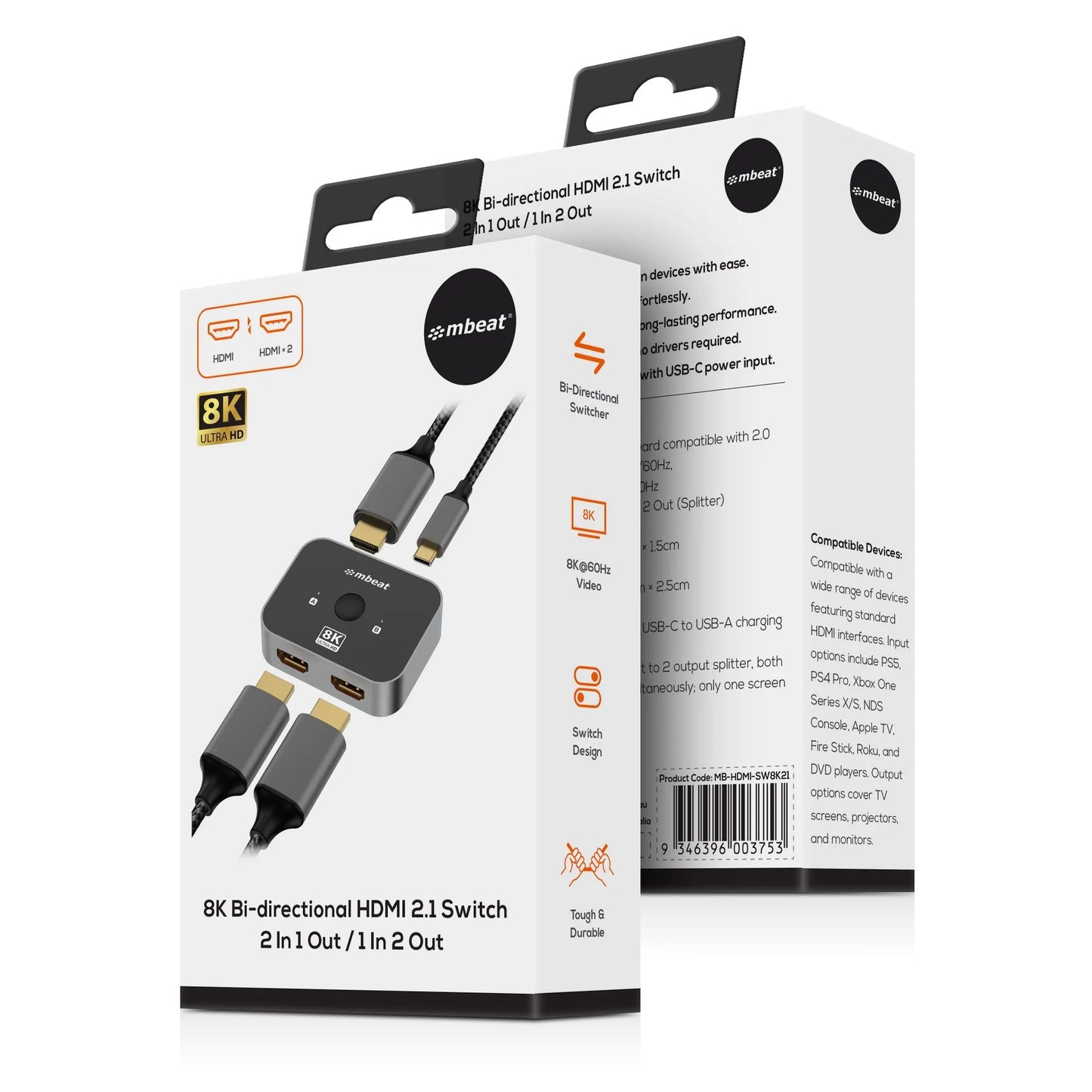 mbeat® 8K Bi-directional HDMI 2.1 Switch 2 In 1 Out/1 In 2 Out 8K@60Hz resolution, plug-and-play... - Image 4