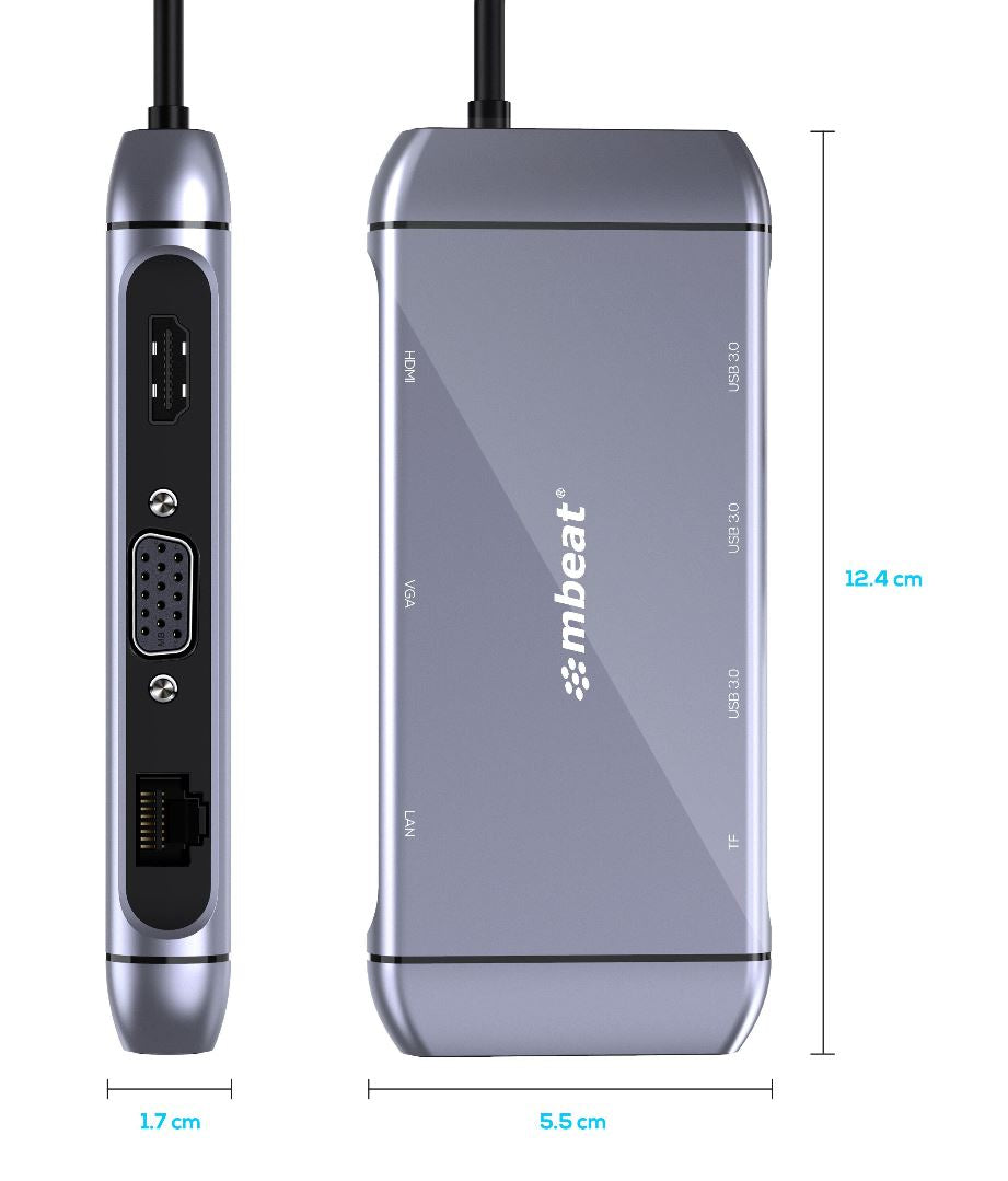 mbeat® Elite X9 9-in-1 Multifunction USB-C Docking Station 1x HDMI, 1x VGA 1x USB-C Power Delivery 100W, 3x USB 3.0, MicroSD/SD Card, 1x RJ45
