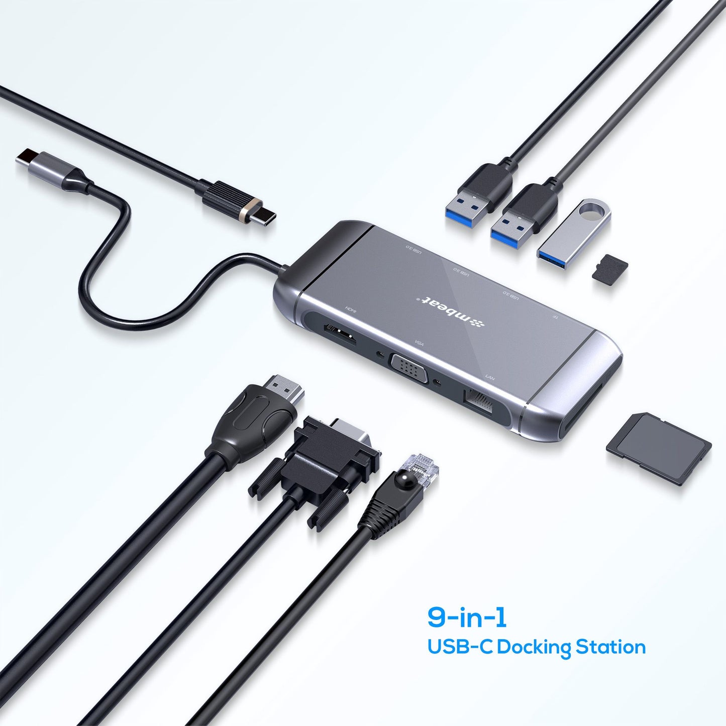 mbeat® Elite X9 9-in-1 Multifunction USB-C Docking Station 1x HDMI, 1x VGA 1x USB-C Power Delivery 100W, 3x USB 3.0, MicroSD/SD Card, 1x RJ45
