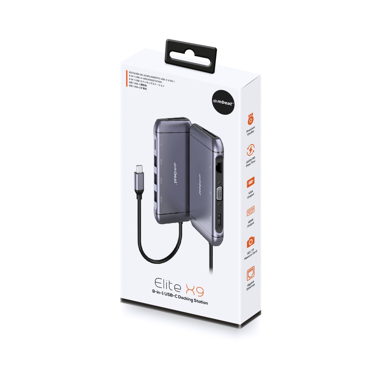 mbeat® Elite X9 9-in-1 Multifunction USB-C Docking Station 1x HDMI, 1x VGA 1x USB-C Power Delivery 100W, 3x USB 3.0, MicroSD/SD Card, 1x RJ45