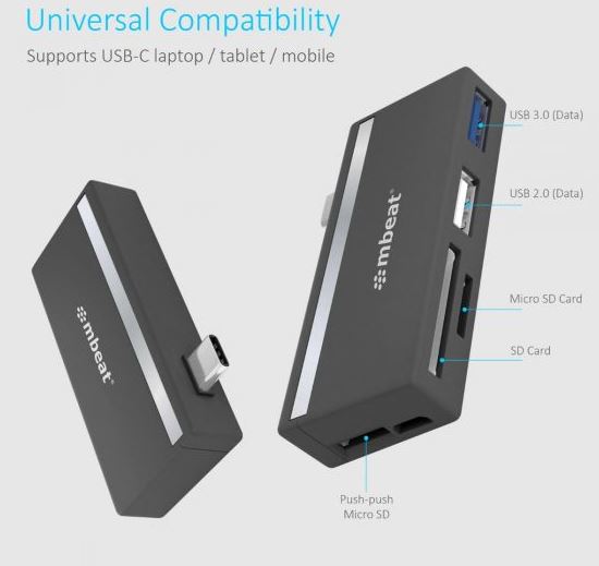 mbeat® Essential 5-IN-1 USB- C Hub ( USB hub 2.0, 3.0, SD/TF Card Reader Supports SDXC, MicroSDXC) USB 3.0 Speed: Up to 5Gbps Weight: 18g