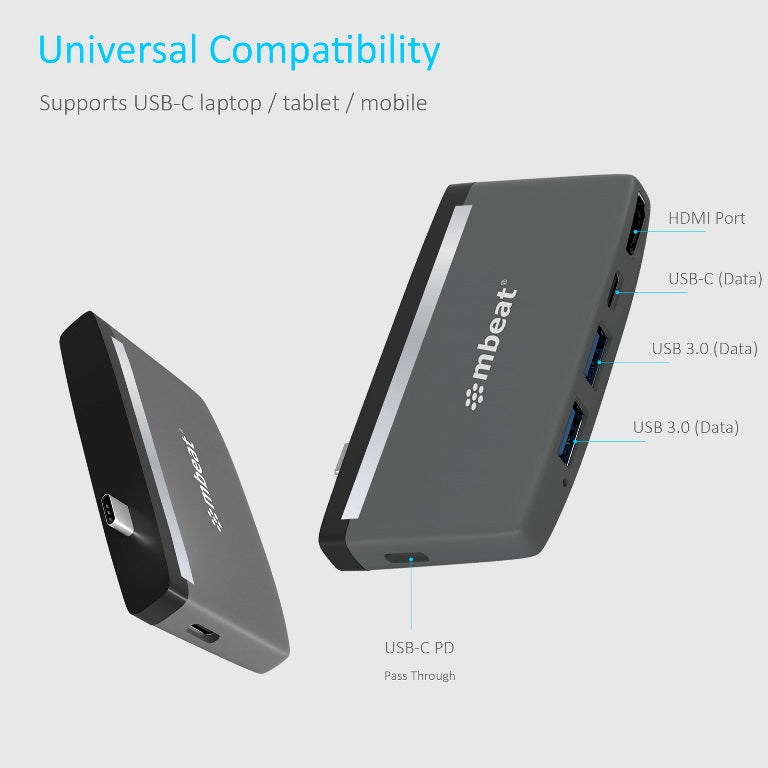 mbeat® Essential Pro 5-IN-1 USB- C Hub (4k HDMI Video, USB-C PD Pass Through Charging, USB 3.0 x 2, USB-C x 1) USB 3.0 Speed: Up to 5Gbps Weight:30g