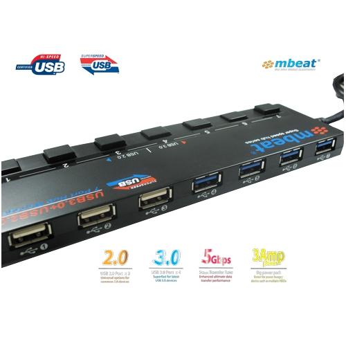 mbeat® 7-Port USB 3.0 USB 2.0 Powered Hub Manager with Switches - 4x USB 3.0 with 5Gbps/3x USB 2.0 with 2.4Ghz(480Mbps)/Super Fast Hub Weight: 129g