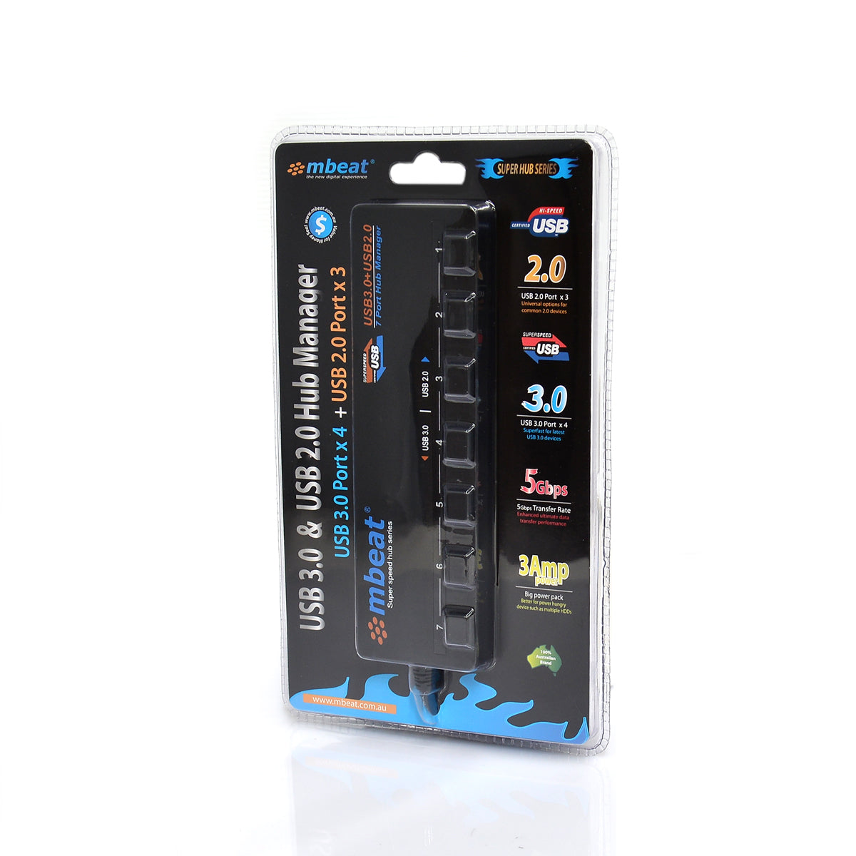 mbeat® 7-Port USB 3.0 USB 2.0 Powered Hub Manager with Switches - 4x USB 3.0 with 5Gbps/3x USB 2.0 with 2.4Ghz(480Mbps)/Super Fast Hub Weight: 129g