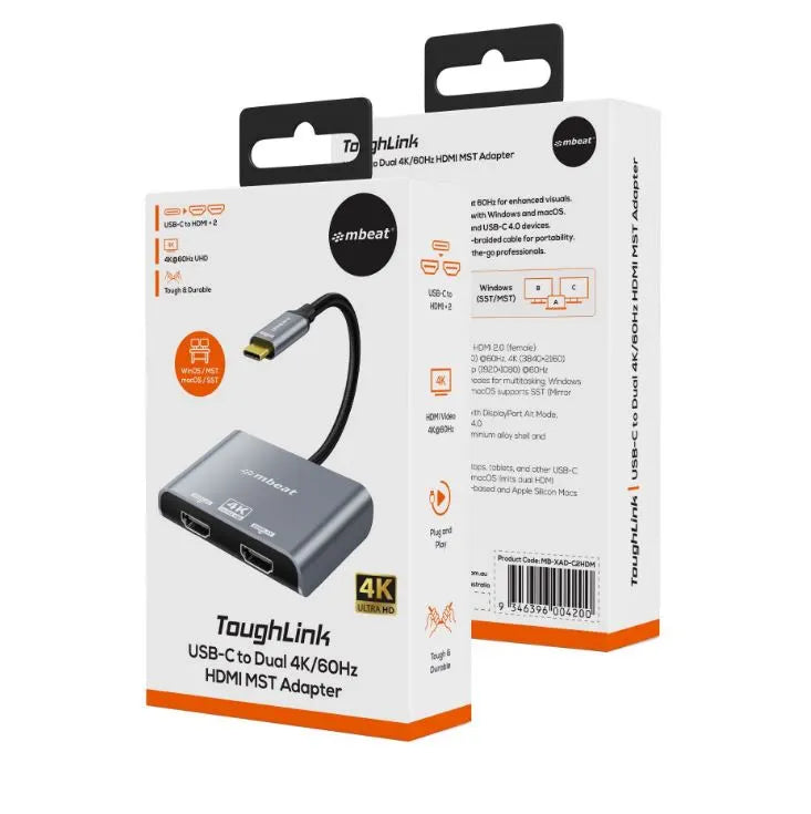 mbeat® Tough Link USB-C to Dual 4K/60Hz HDMI MST Adapter 4K (3840x2160) @ 60Hz, 4K (3840x2160) @... - Image 4