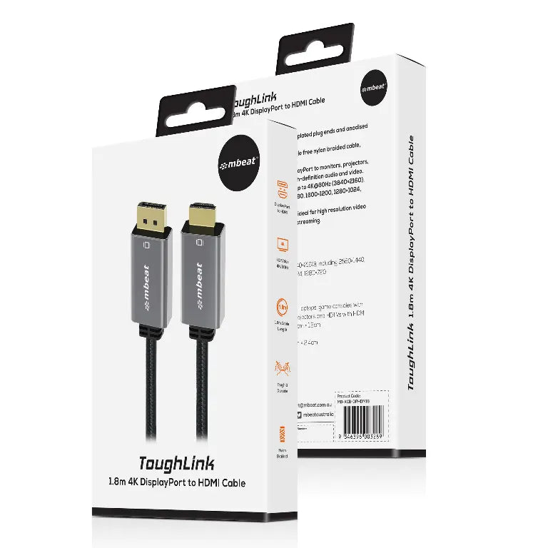 mbeat® Tough Link 1.8m 4K/60Hz Display Port to HDMI Cable - Connects DisplayPort to HDMI 4K@60Hz... - Image 4