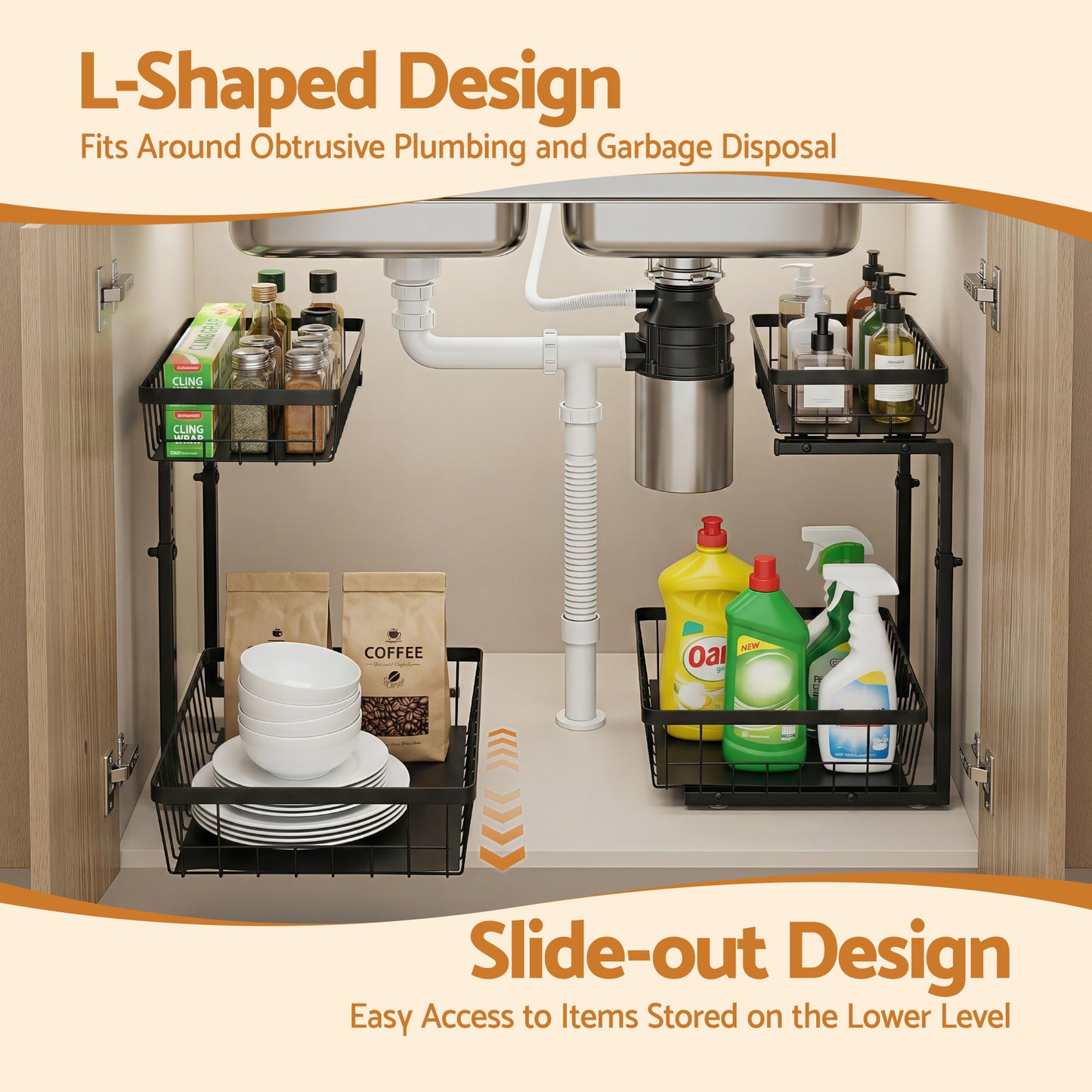 Artiss Under Sink Organizer Storage with 2 Slide Out Drawers 5 Adjustable Height Bathroom Kitchen Cabinet Black - Image 4