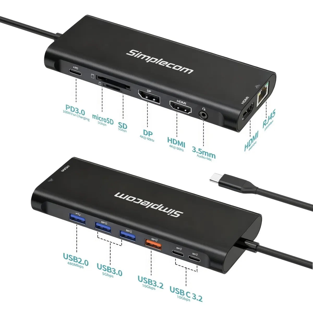 Simplecom CHT814 14-in-1 USB-C 4K Triple Display MST Docking Station with Dual HDMI DP - USB, Blu... - Image 4