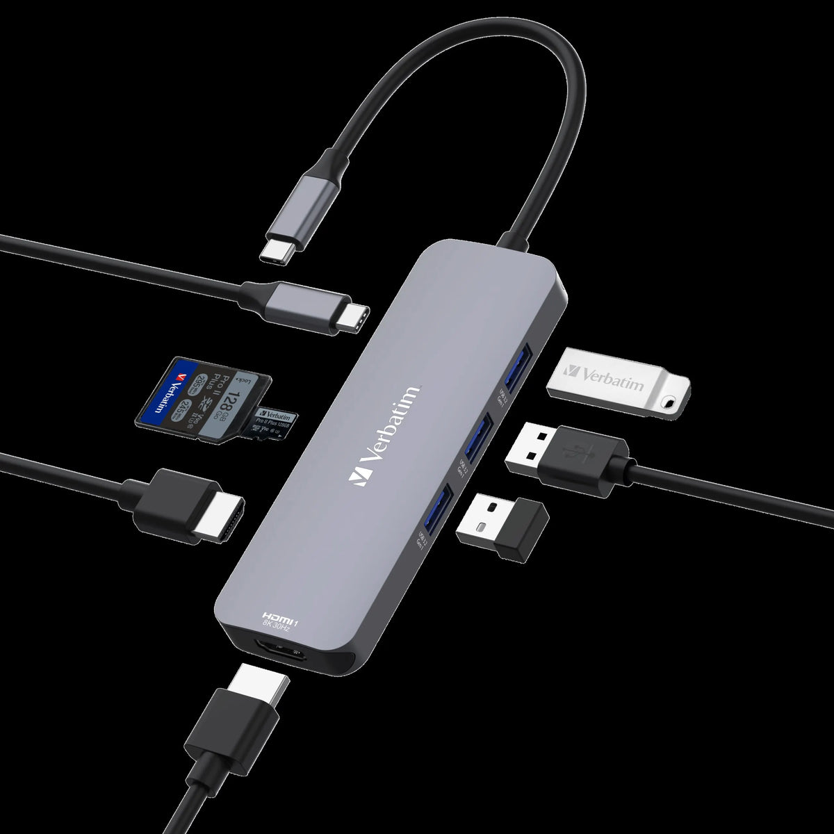 Verbatim USB-C Pro Multiport Hub 8 Ports, 2x HDMI 8K30+4K30 dual display, 3x USB-A 3.2 Gen1, SD +...