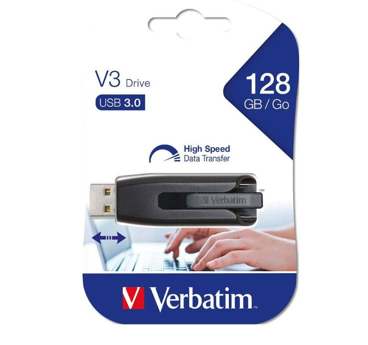 Verbatim Store'n'Go V3 USB 3.2 SuperSpeed Drive 128GB - Backup Storage, Grey, Windows, Mac, Linux...