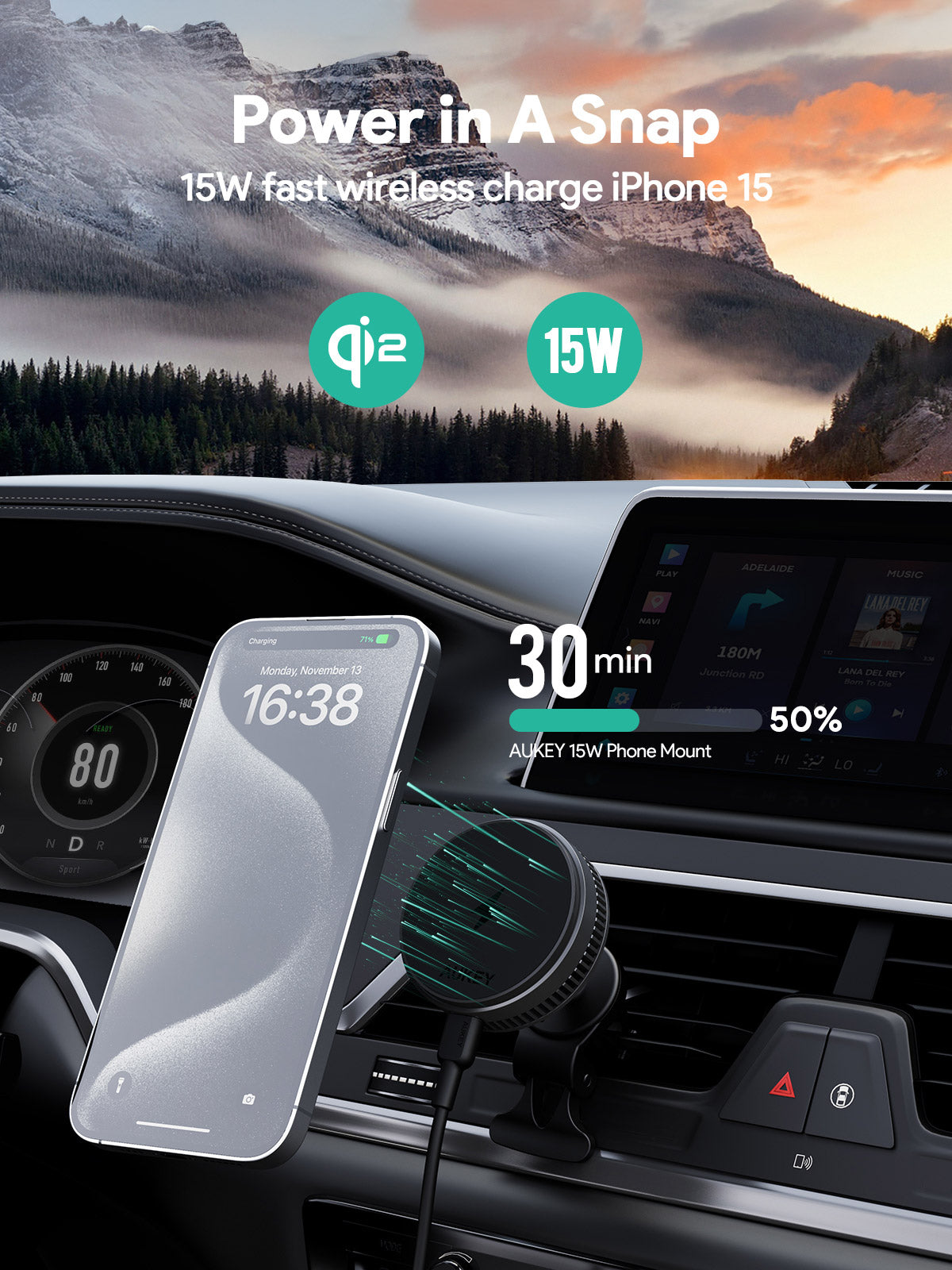 Aukey MagFusion Dash Pro Qi2 Magnetic Fast Wireless Charging Phone Mount with Active Cooling (HD-MC13A) - Image 8