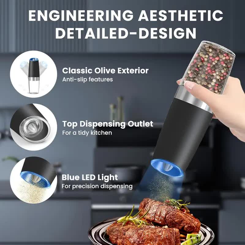 Gravity Electric Salt and Pepper Grinder Set, Battery Powered LED Light One Hand Automatic Operation, Adjustable Coarseness Mill Grinders Shakers Black, Kitchen Gadgets Gift Ideas - Image 3