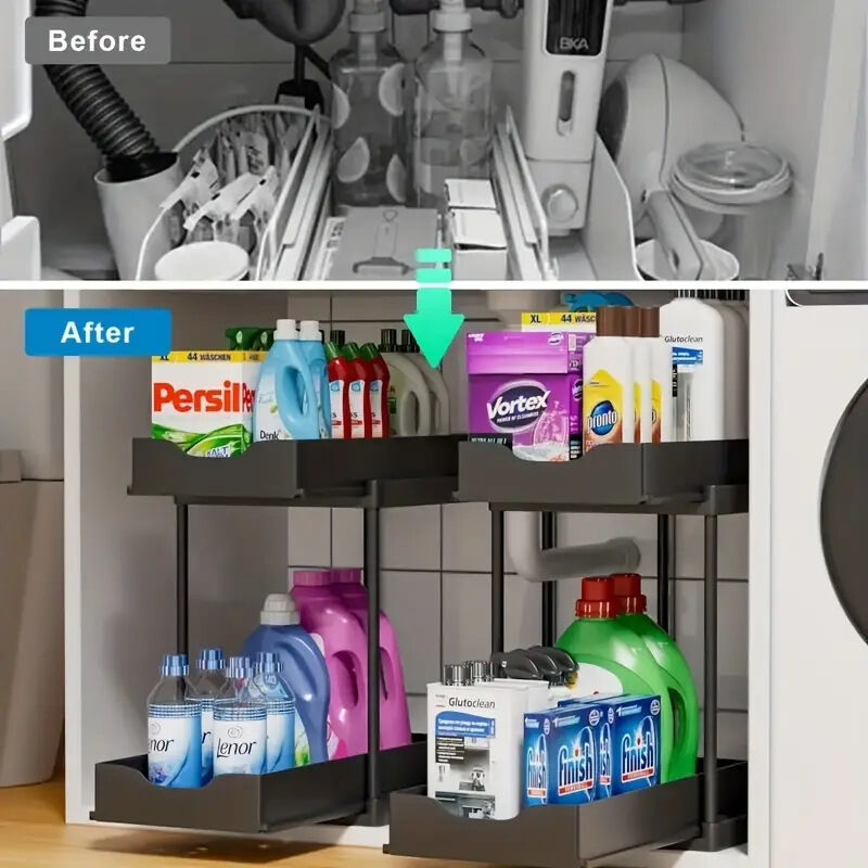 Two-tier pull-out storage rack. An organizational lifesaver for under the kitchen sink. Features adjustable shelves for easy storage of bottles and jars. In a sleek, modern design. Perfect as a kitchen shelf, bathroom organizer, or household storage solut - Image 9