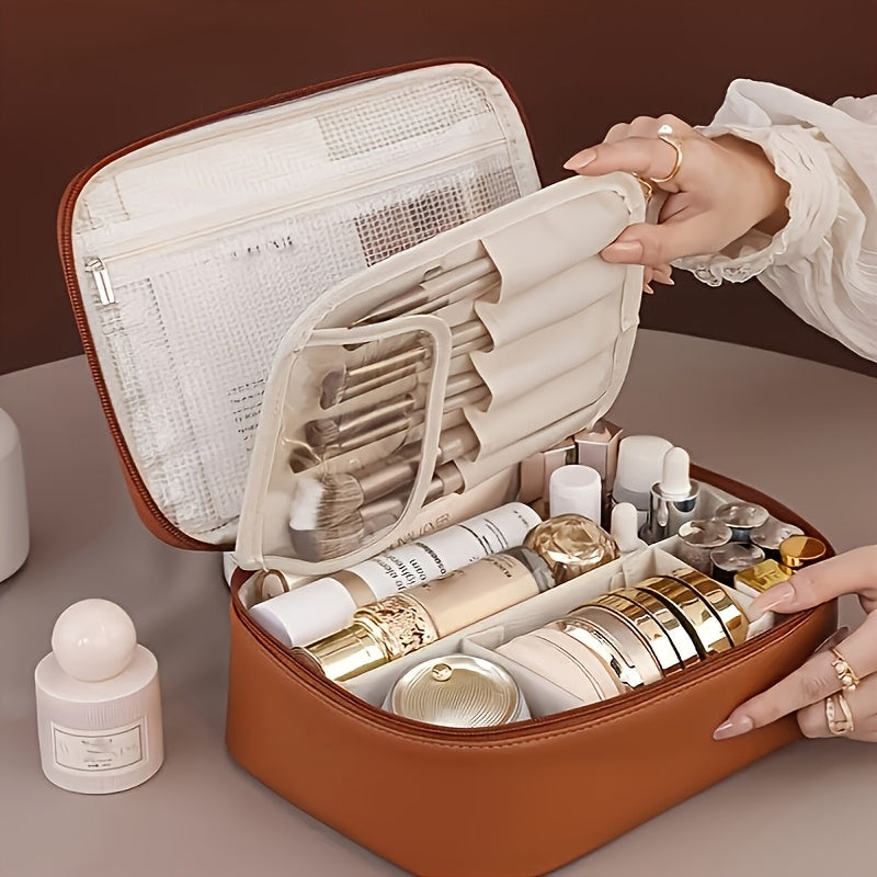 High-capacity multi-layer travel makeup organizer, featuring removable compartments and a brush holder—a portable beauty case, elegantly painted storage box, designed as a standalone unit, no assembly required.(BLACK) - Image 9