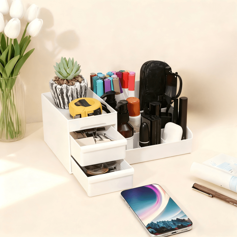 Pink Multi-Compartment Large-Capacity Desktop Storage Box Keeps vanity tables and desks neat and organized—lipsticks, masks, makeup brushes all stored in one box. Easy access, seamlessly fits into various settings. - Image 9