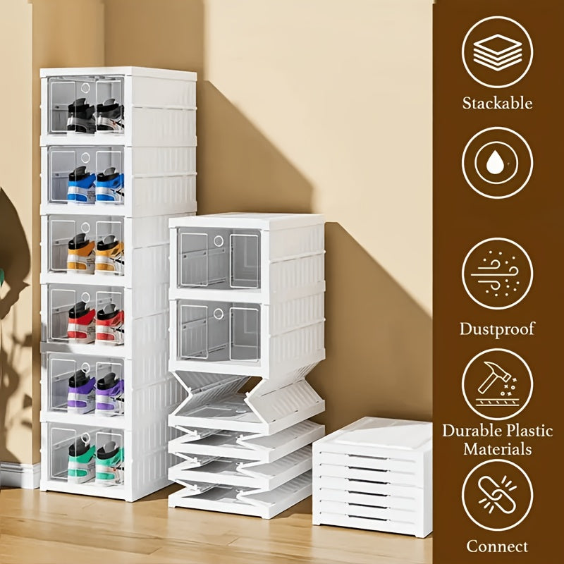 6-Tier Stackable Shoe Storage Box Set, featuring easy-access front-opening waterproof transparent plastic storage bins with no assembly required - perfect for closets and entryways. - Image 8