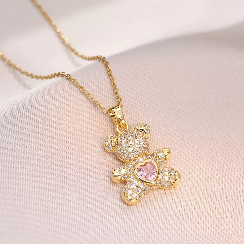 A delicate and adorable pink heart-shaped bear pendant copper necklace, adorned with synthetic zirconia, paired with a stainless steel chain, decorated with synthetic zirconia, perfect as a daily jewelry gift or a sweet and cute party accessory.(silver)) - Image 7
