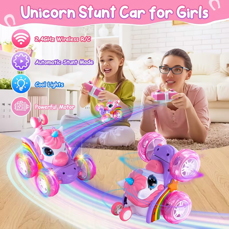 Unicorn remote control car for girls, 360° rotating four-wheel drive stunt remote control car with cute lights, rechargeable toy - children's birthday gift - Image 7