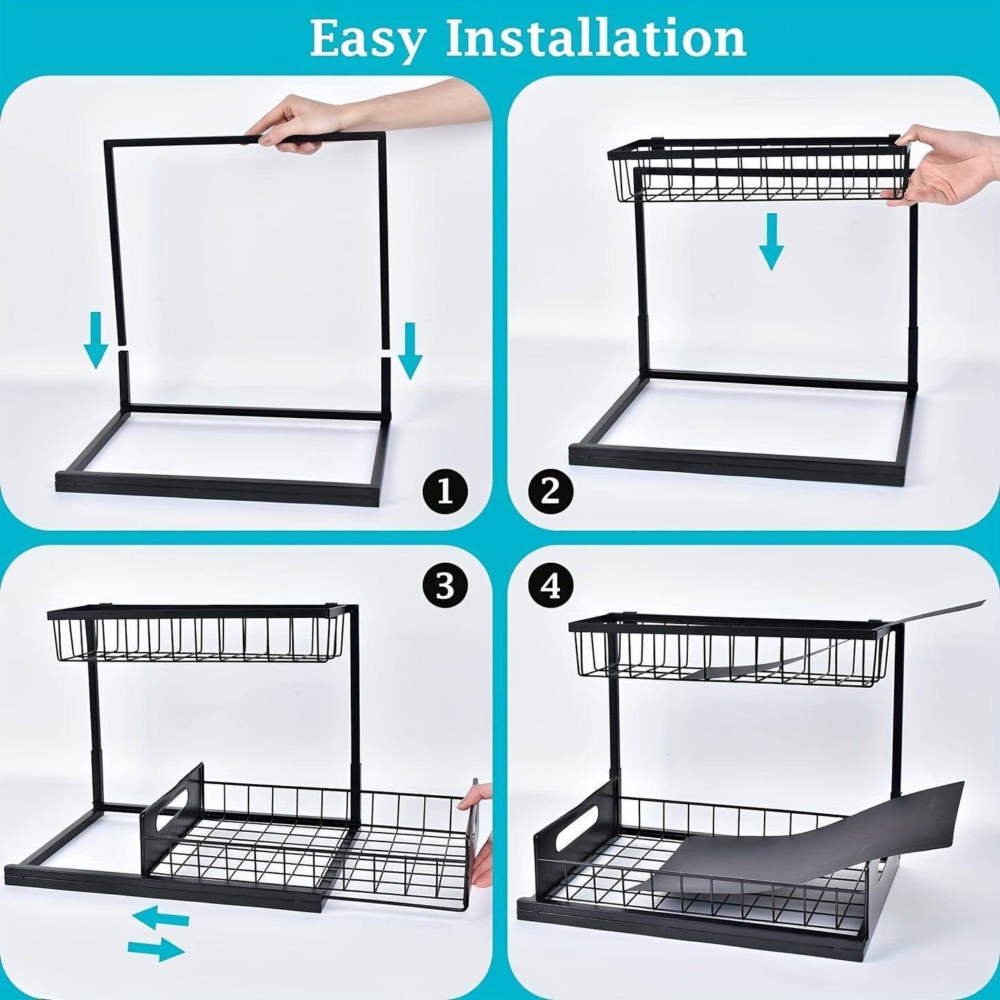 Kitchen sink storage box, pull-out cabinet storage box 2-layer sliding sink rack cabinet storage rack, kitchen bathroom cabinet sink drain storage pull-out frame - Image 6