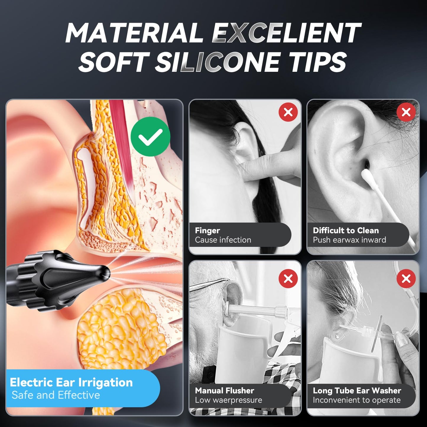 Electric Ear Cleaner with 5 Modes – Rechargeable Ear Irrigator with LCD Display, Foldable Nozzle, and Soft Silicone Tips for Safe Earwax Removal at Home or Travel (Black) - Image 6