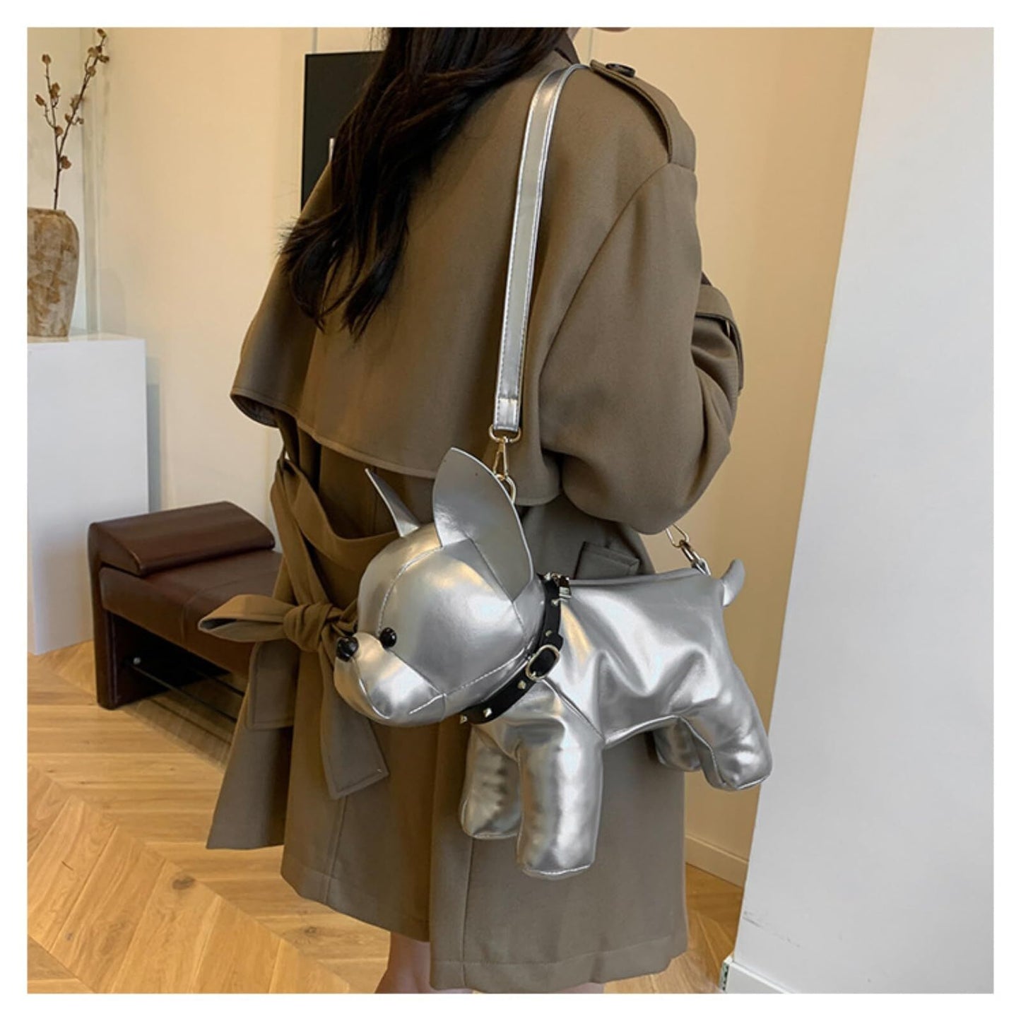 French Bulldog Shaped Bag – Cute Animal Crossbody Shoulder Bag with Adjustable Strap, PU Leather Dog Backpack for Women, Fashion Statement Accessory (Silver) - Image 6