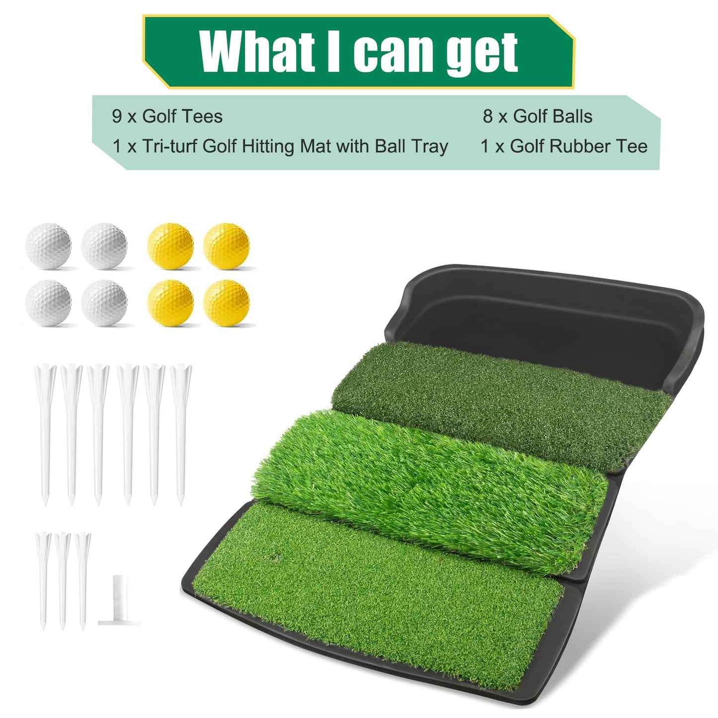 Foldable 4-in-1 Golf Practice Mat with Ball Tray – 24.5x17in Tri-Turf Hitting Pad for Indoor & Outdoor Training, Includes 8 Balls & 9 Tees (Green) - Image 7