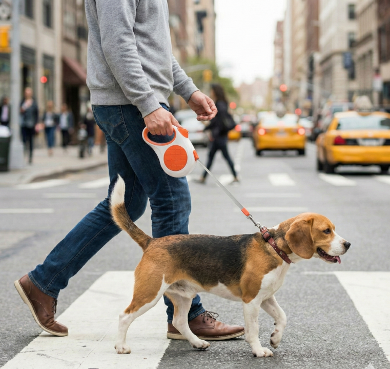 Retractable Dog Leash – 16.5 ft Automatic Walking Lead with One-Hand Brake Lock & Anti-Tangle Nylon Tape – Heavy-Duty 55 lb Capacity – Ideal for Small to Medium Dogs (White & Orange) - Image 5