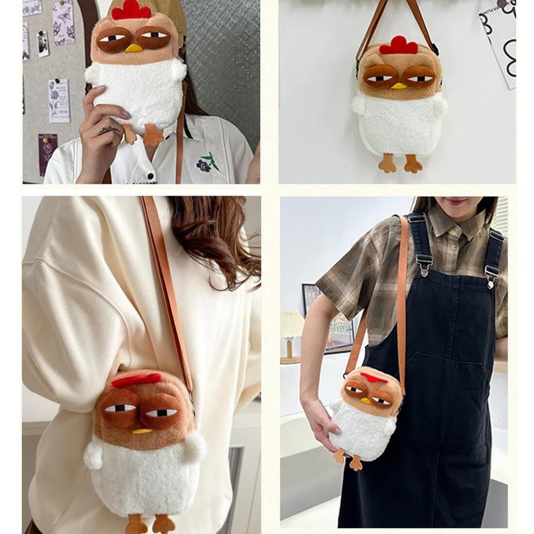Cute Chicken Plush Crossbody Bag – White & Brown Kawaii Animal Backpack for Kids & Girls | Fun Gift Idea - Image 6