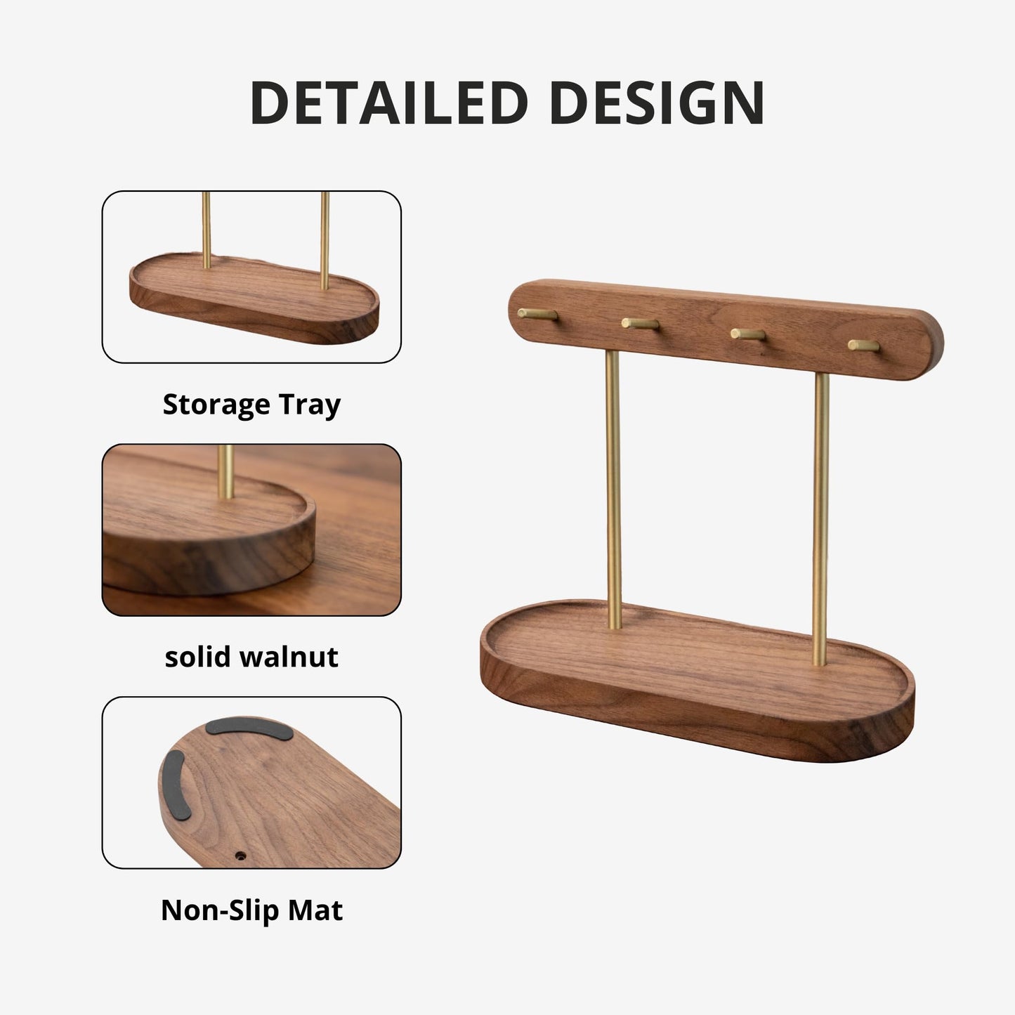 Modern Walnut Wood Key Holder with Brass Hooks – Desktop Organizer for Keys, Jewelry, Watches, and Small Accessories, Compact Design (Walnut) - Image 6