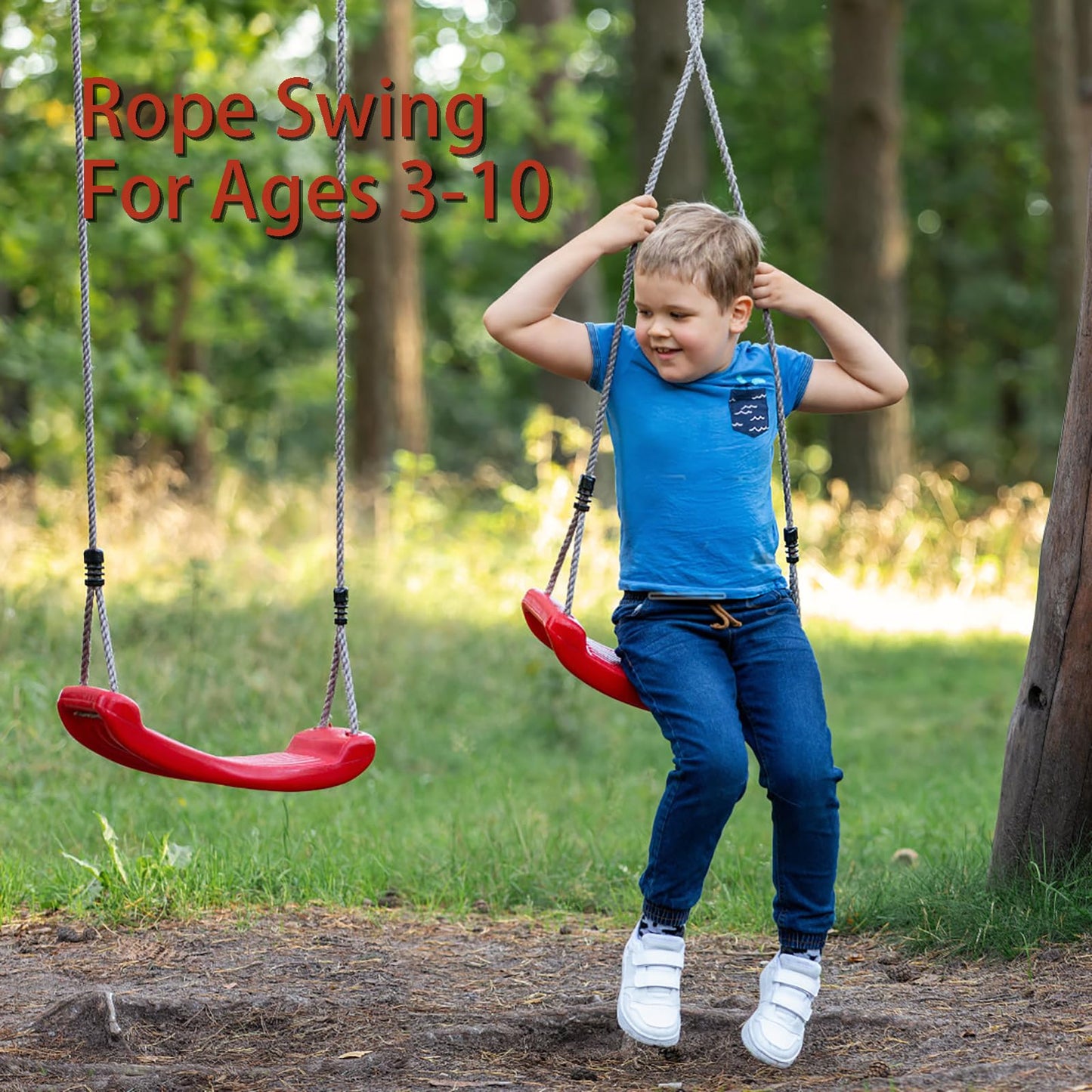 Outdoor Kids Plastic Swing Seat with Adjustable Rope – Durable Tree Swing for Backyard, 220lb Capacity, Red (Red) - Image 2