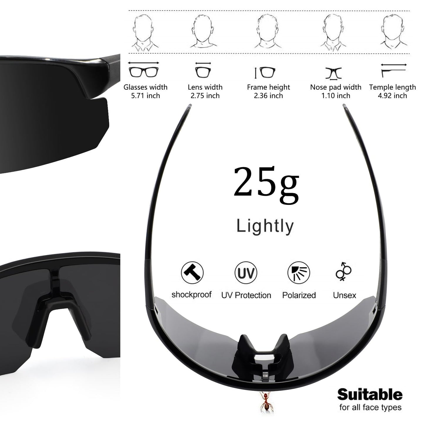 High-End Polarized Sports Sunglasses for Men Women – UV400 Protection, Anti-Fog, Lightweight TR90 Frame, Removable Lens, Ideal for Cycling, Running, Fishing, Golf (Black) - Image 4