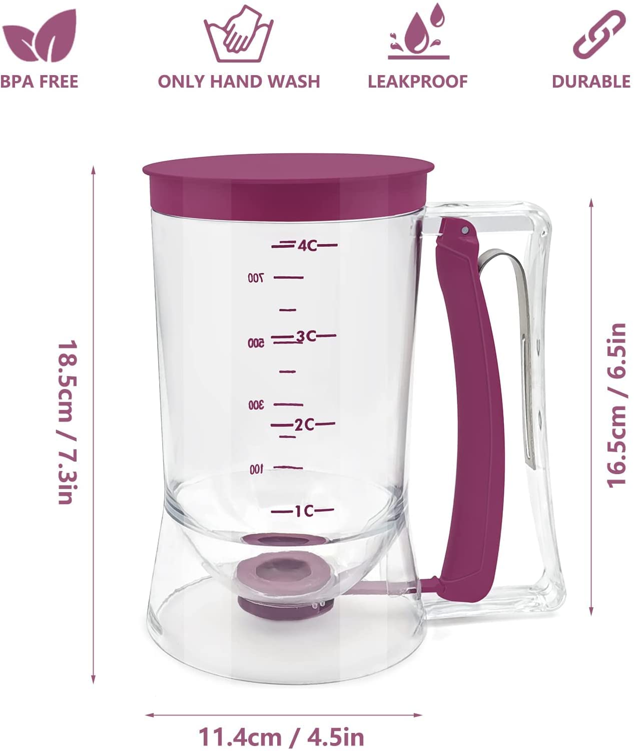 Batter Dispenser with Measuring Marks – 900ml Cake Mix Pourer for Cupcakes, Pancakes, Muffins, Waffles & More (Purple) - Image 6