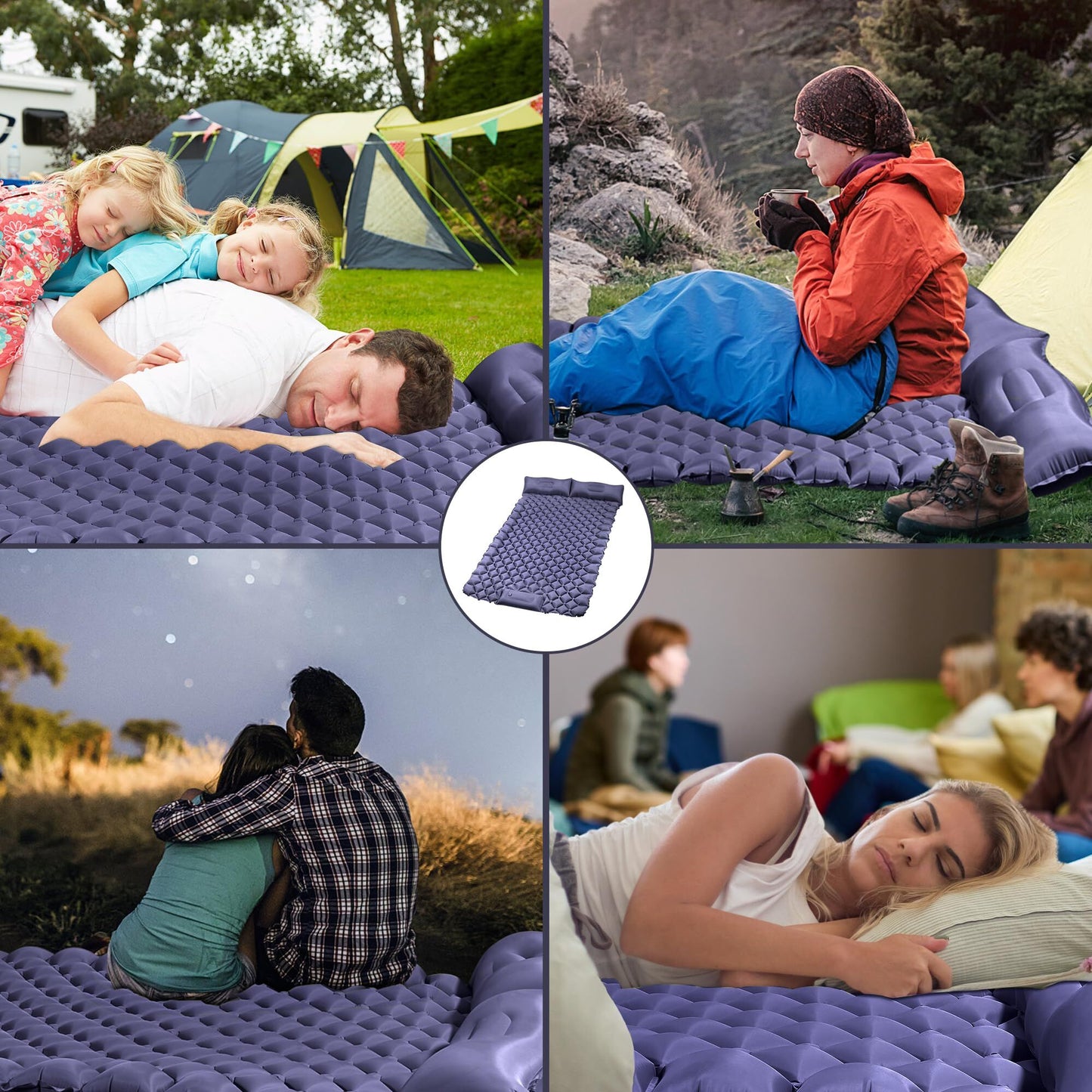 Double Camping Pad with Built-in Pillow: Foot Pump Inflatable Mattress for Tent/Backpacking – Ultralight, Foldable (Dark Blue) - Image 6