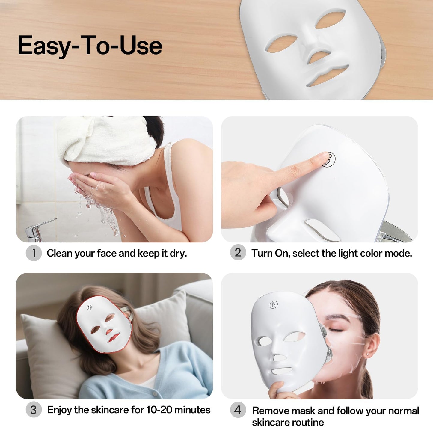 7-Color Facial Light Mask for Home Skincare – Rechargeable LED Beauty Device with 270 LEDs, One-Touch Control & Auto-Timer (White with Rose Gold Trim) | Other Colors Available in Store - Image 7