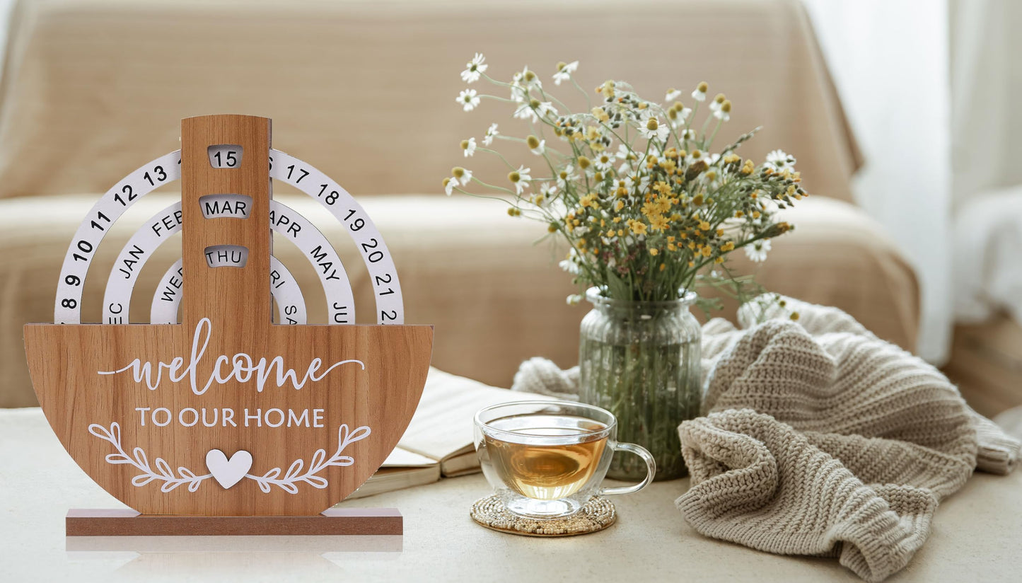 Wooden Perpetual Calendar with "Welcome to Our Home" Design – Rotating Desk Decor for Office & Living Space (Natural Wood) - Image 6