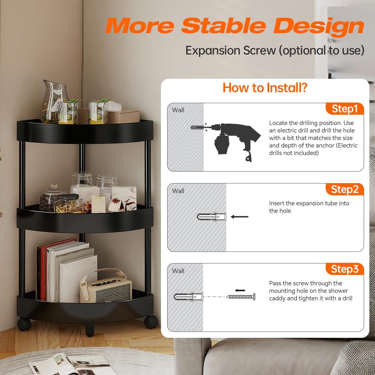 Black Corner Storage Shelf – 3-Tier Rolling Organizer for Bathroom, Kitchen & Bedroom | Space-Saving Aluminum Rack with Wheels | White Available In-Store - Image 6