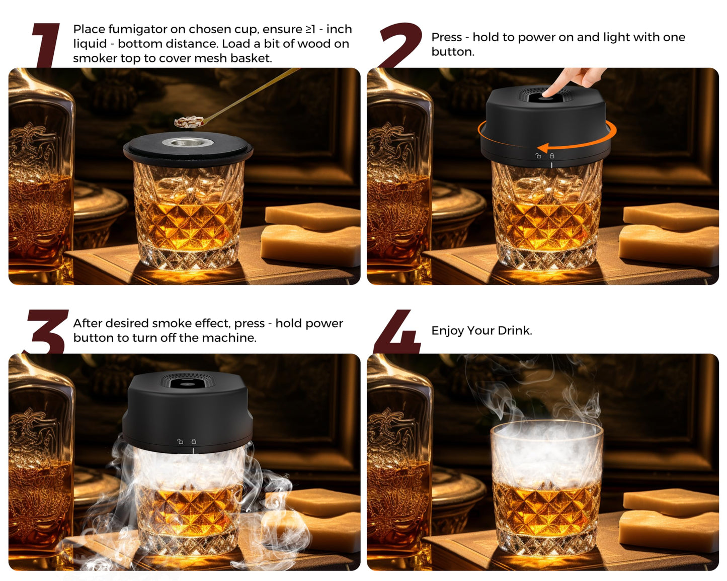 Black Smart Cocktail Smoker Kit – Electric Whiskey Smoke Generator with 6 Wood Chips, USB Rechargeable, One-Click Ignition | Perfect Gift for Men & Bar Enthusiasts - Image 5