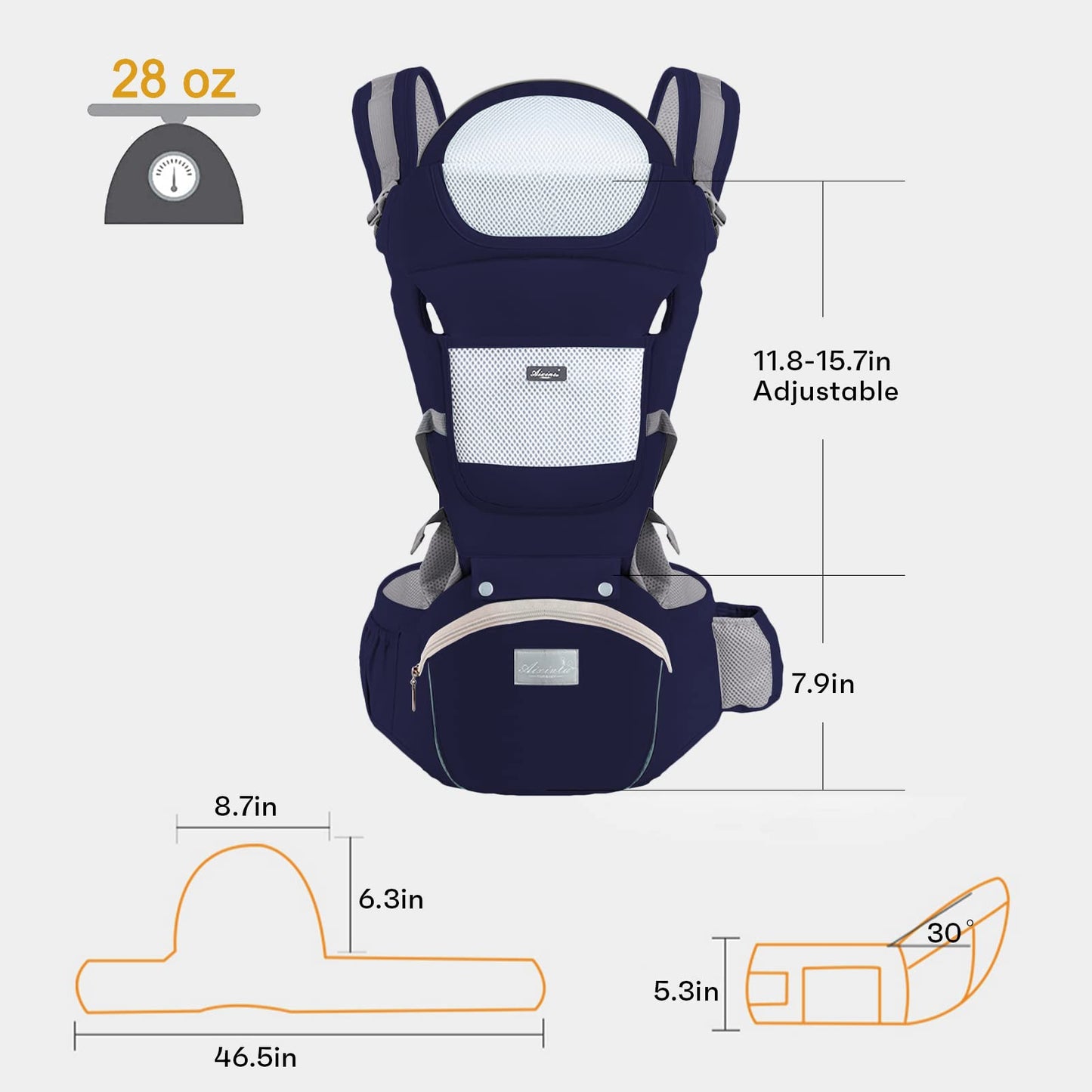6-in-1 Adjustable Baby Carrier with Hip Seat – 11.8–15.7in Adjustable Height, Breathable Mesh & Multi-Position Carry for Newborn to 36 Months (Blue) - Image 7