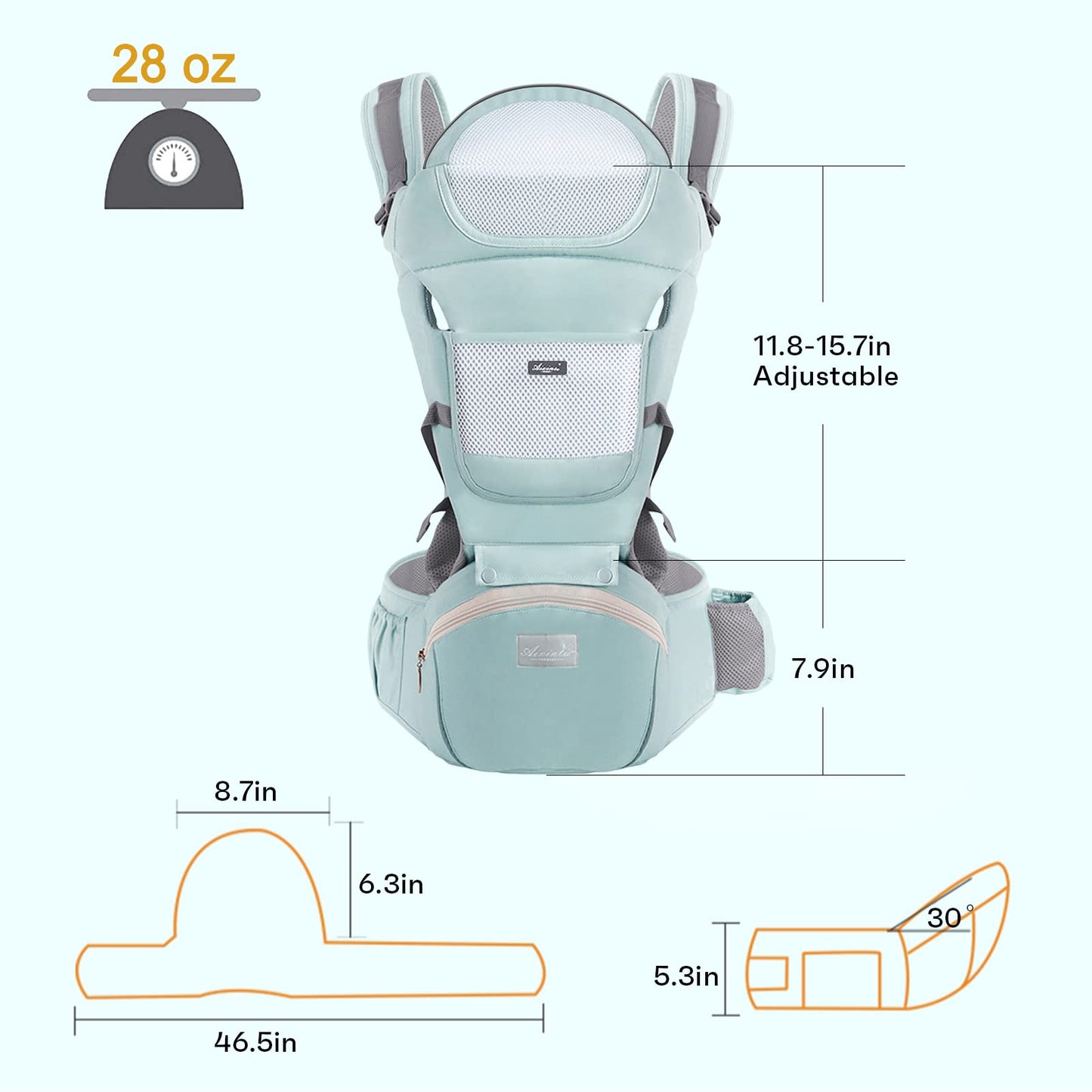 6-in-1 Adjustable Baby Carrier with Hip Seat – 11.8–15.7in Adjustable Height, Breathable Mesh & Multi-Position Carry for Newborn to 36 Months (Green) - Image 7