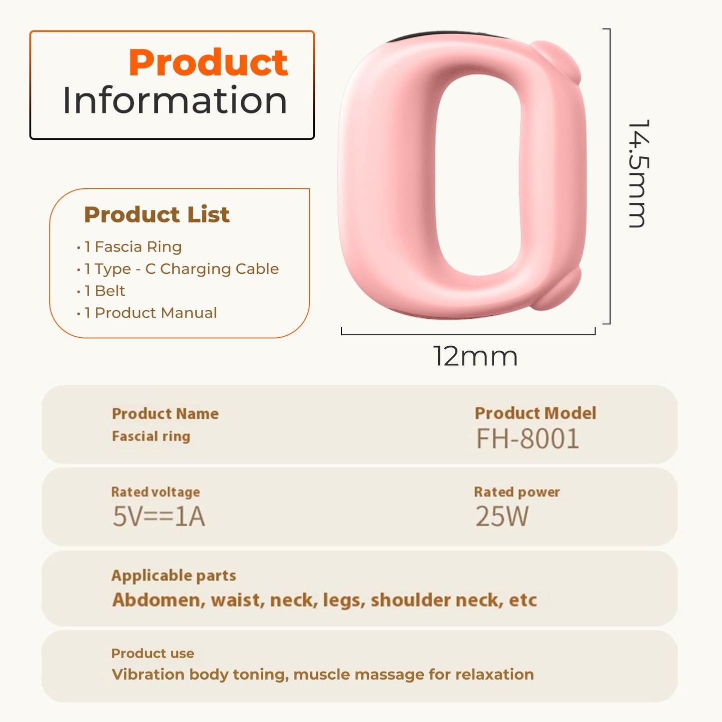 Portable Heated Fascia Ring Massager with 5-Speed Vibration & USB-C Charging – Deep Tissue Muscle Relief for Neck, Back, and Shoulders (Pink) | Other Colors Available In-Store - Image 8