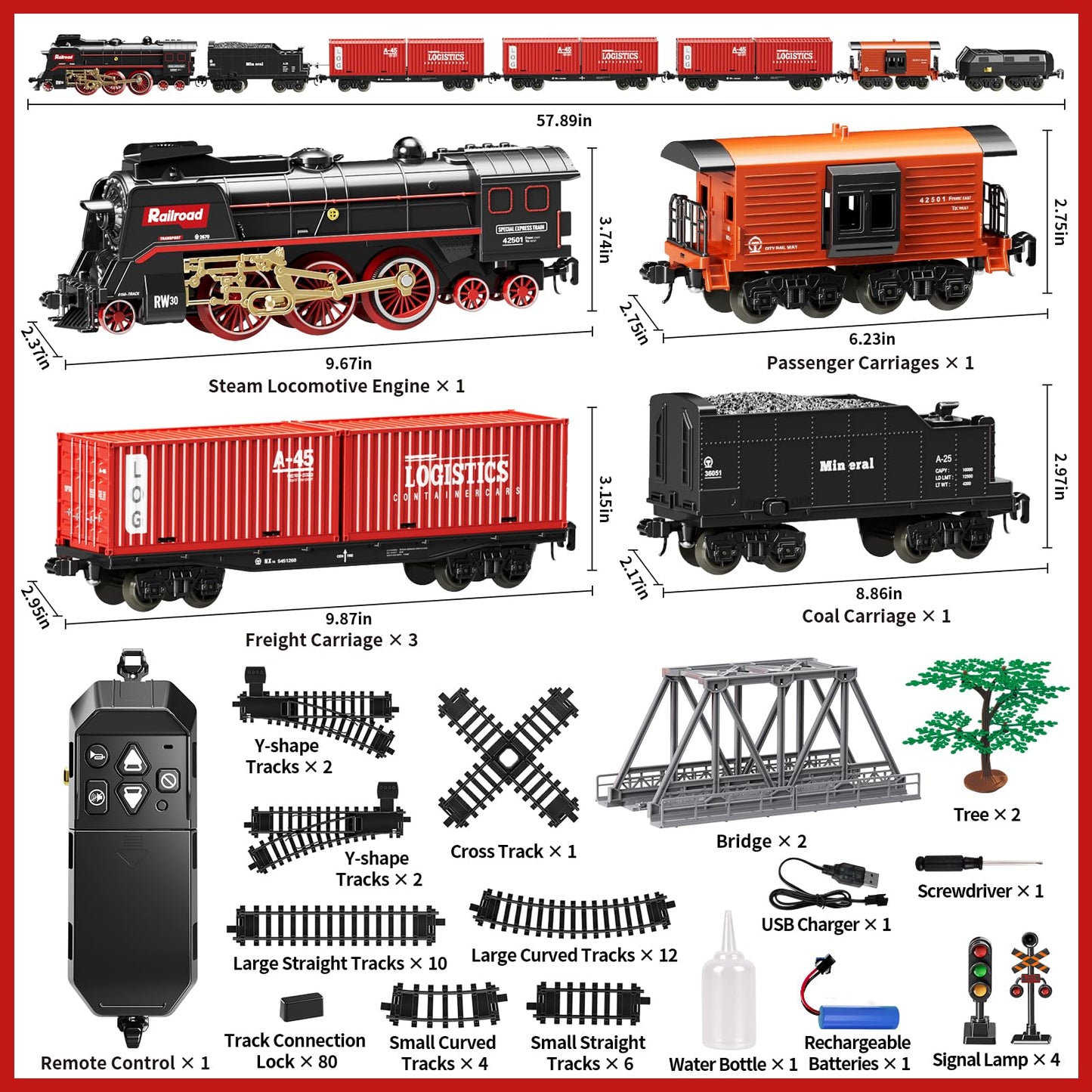 Model Train Set, Remote Control Train Toys with 3Way Smoke Locomotive, 5 Train Cars, Luxury Track Kit, Authentic Train Sounds & Lights, Rechargeable Battery, Top Present for Train Lovers (Black) - Image 7