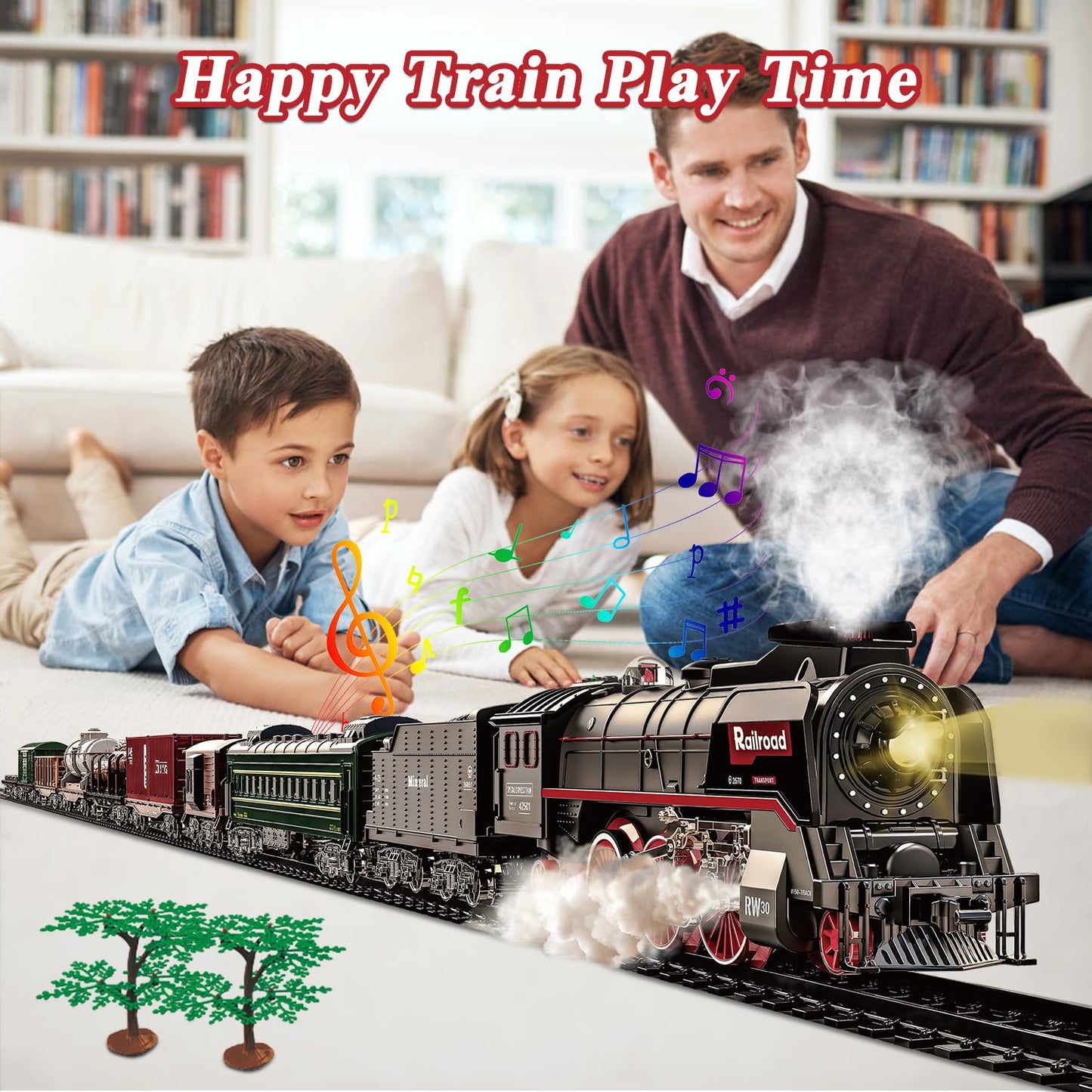 Train Set for Kids, Electric Train Toys with Realistic Light Sounds Smoke, Christmas Train Model Gifts for Toddlers Boys Girls, Steam Locomotive, Luxury Track & 2 Glowing Passenger Carriages (Black) - Image 6