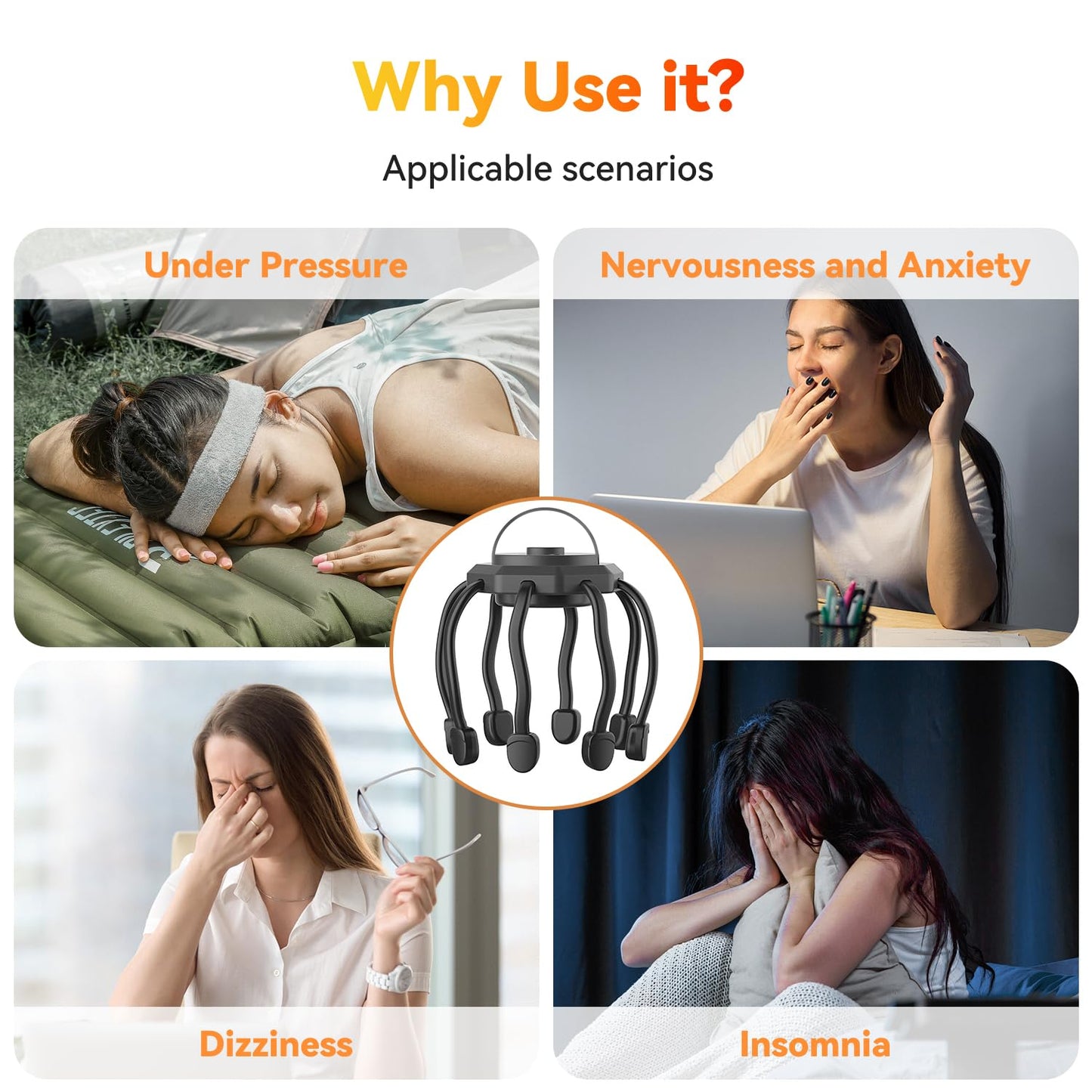 Wireless Octopus Head Massager – 8-Point Vibration Therapy, 360° Scalp Relief, Rechargeable with 3 Modes for Stress & Insomnia Relief (Black) - Image 7